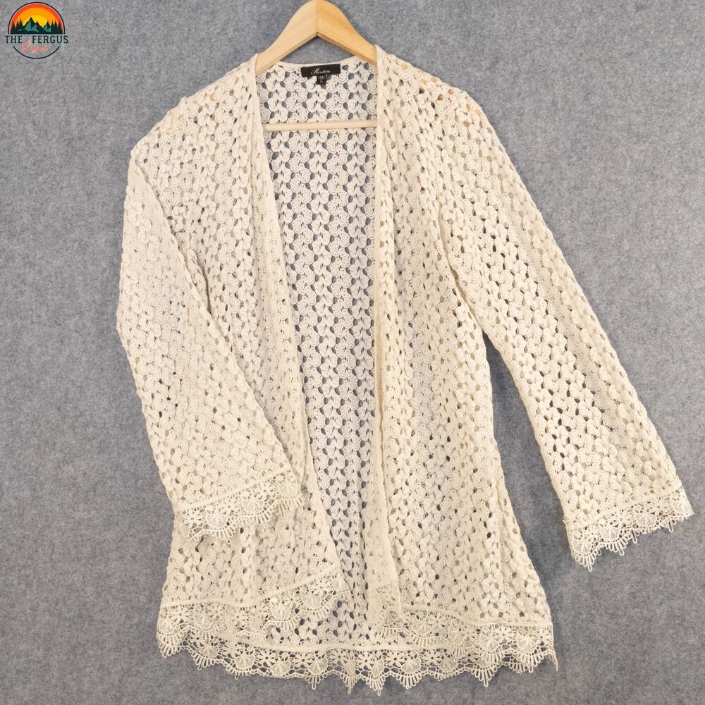 Monteau Lace Sweater Ivory Cotton Kimono Open Front Hippie Duster Women's Size L
